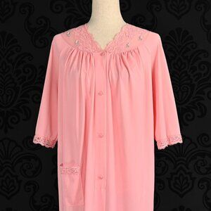 Vintage 80s Pink SHADOWLINE Embroidered Rose Button Nightgown - M
